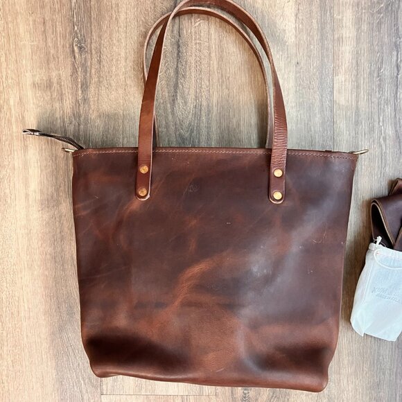 KMM & Co Brown Leather Hand Crafted Large Tote Bag Purse Zippered Travel Strap - Picture 6 of 13